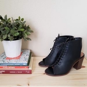 Open Toe Faux Leather Cutout Ankle Boots